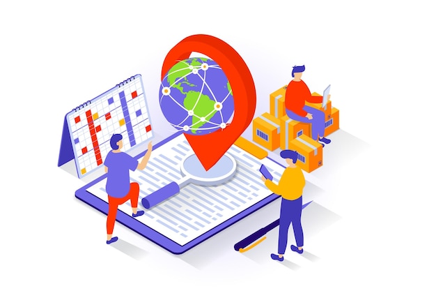 Koncepcja transportu i logistyki w projekcie izometrycznym 3D Osoby dostarczające paczki kartonowe i paczki za pomocą globalnej usługi dostawy Ilustracja wektorowa ze sceną izometryczną dla grafiki internetowej