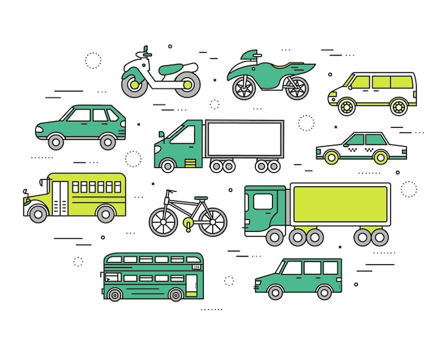 Plik wektorowy koncepcja transportu zestaw ikon ilustracji w stylu cienkich linii