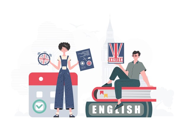Plik wektorowy koncepcja uczenia się angielskiego kobieta i mężczyzna nauczyciele języka angielskiego w modnym stylu ilustracja wektorowa