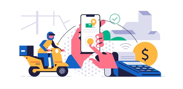 Koncepcja Usługi Doręczania Paczek Online Koncepcja Aplikacji Mobilnej Dłoń Trzymająca Telefon Z Aplikacją Dostarczania Paczek Na Wyświetlaczu Kurier Na Motocyklu Niesie Pudełko Z Zamówieniem Do Miasta