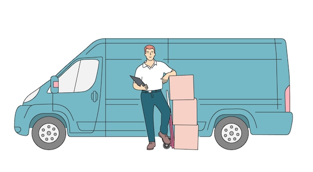Plik wektorowy koncepcja usługi kurierskiej dostawy dostawa kurier człowiek posiadający pakiet z dostawcą ciężarówki