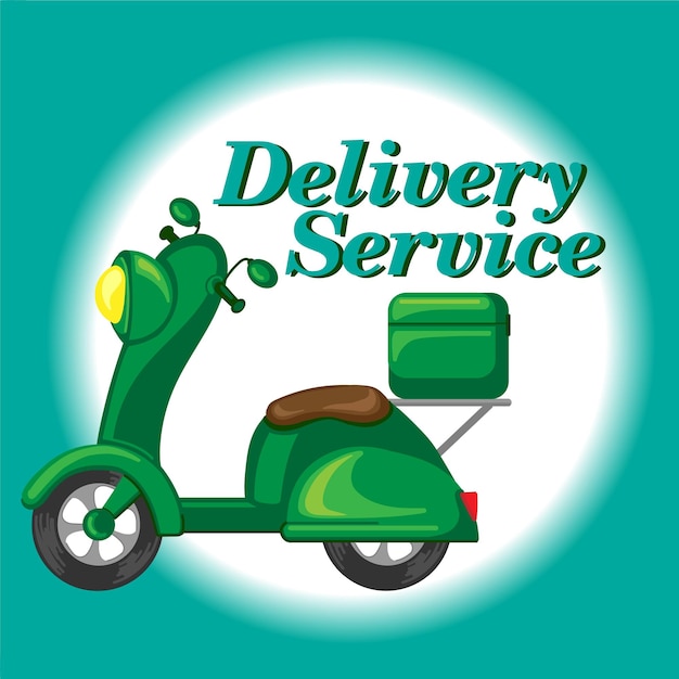 Plik wektorowy koncepcja usługi szybkiej dostawy dostawa żywności i usługi kurierskie zielony kurier motorower na turkusowym tle reklamuj restauracje kawiarnie sklepy gotowe logo dostawy