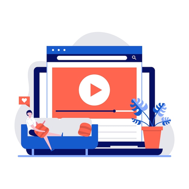 Koncepcja usługi wideo online z charakterem. Ludzie oglądający telewizję i strumieniujący blogi wideo w domu.
