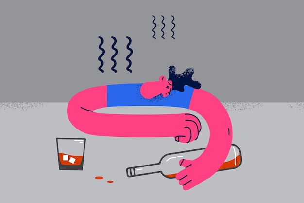 Plik wektorowy koncepcja uzależnienia od alkoholu i depresji. młody przygnębiony pijany mężczyzna siedzi przy stole z butelką alkoholu i szkła, czując się sam ilustracji wektorowych
