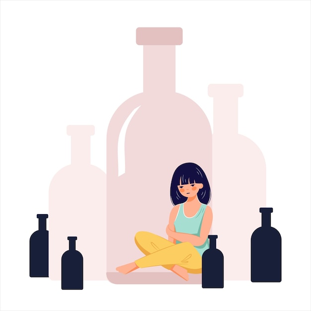 Koncepcja Uzależnienia Od Nadużywania Alkoholu Ręcznie Narysowana Ilustracja Pijanej Kobiety