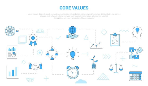 Koncepcja Wartości Podstawowych Z Zestawem Ikon Szablon Transparent Z Nowoczesną Ilustracją Wektorową W Stylu Niebieskiego Koloru