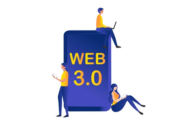 Koncepcja Web 3.0, osoby korzystające z mobilnego notebooka z nową wersją strony internetowej wykorzystującej technologię blockchain,