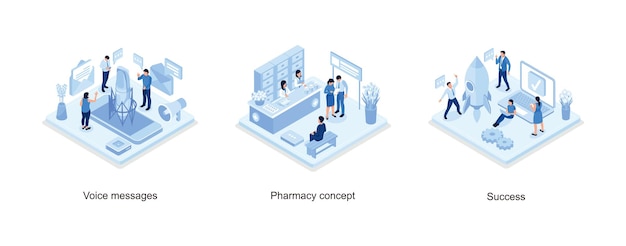 Koncepcja wiadomości głosowych z miejscem znaków i tekstu Lekarz farmaceuta i pacjent w aptece Koncepcja uruchamiania z zestawem izometrycznym ilustracji wektorowych rakiety