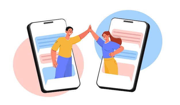 Koncepcja Wirtualnego Przyjaciela Mężczyzna I Kobieta Pięciu Siebie Poprzez Komunikację Na Ekranie Smartfona