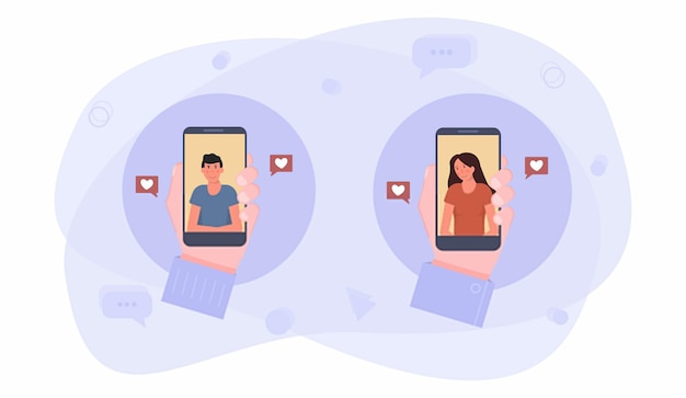 Koncepcja wirtualnej randki ręka trzymająca smartfona z aplikacją randkową dziewczyna i chłopak wysyłający wiadomości miłosne ...