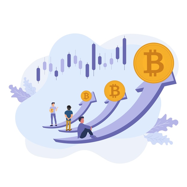 Koncepcja wykresu handlowego projekt infografiki dla trendu wzrostowego bitcoinów i trzech osób czekających na to