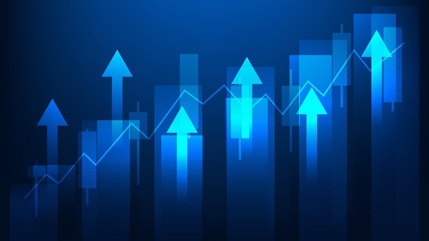 Koncepcja wzrostu gospodarczego i finansowego wykres rynku akcji z wykresem słupkowym na niebieskim tle