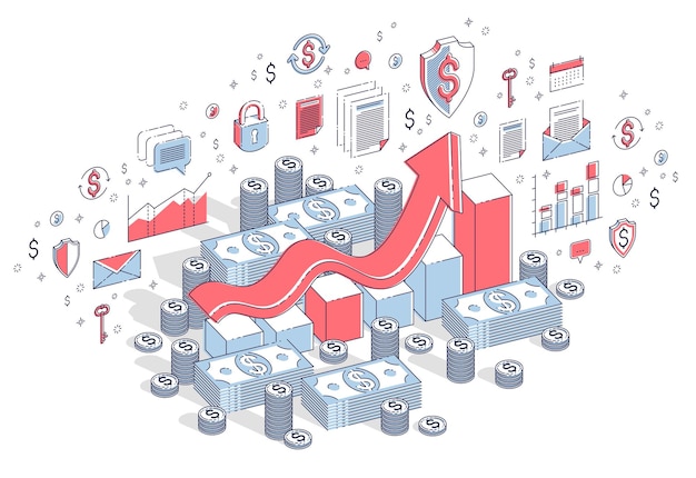 Koncepcja Wzrostu Sukcesu I Dochodów, Pasek Statystyk Wykresu Wzrostu Ze Stosem Pieniędzy Gotówkowych Na Białym Tle. 3d Wektor Biznes Izometryczny Ilustracja Z Ikonami, Wykresami Statystyk I Elementami Projektu.