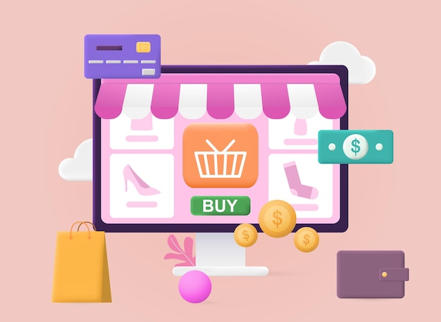 Koncepcja zakupów online element graficzny dla stron internetowych abstrakcyjny obraz z zaletami monitora.