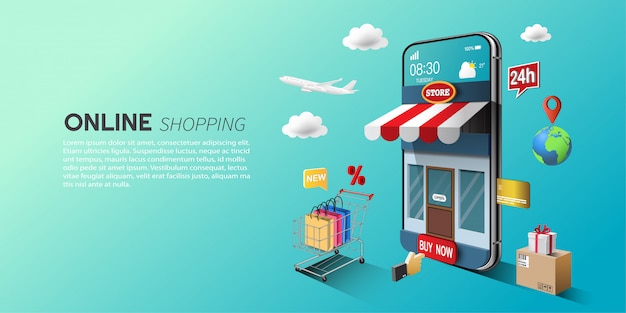 Koncepcja zakupów online, marketing cyfrowy na stronie internetowej i aplikacja mobilna.