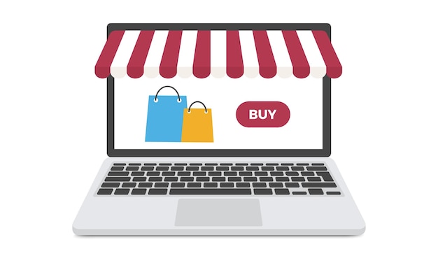 Koncepcja zakupów w sklepie internetowym. Laptop z torbami na zakupy. Projekt wektorowy e-commerce