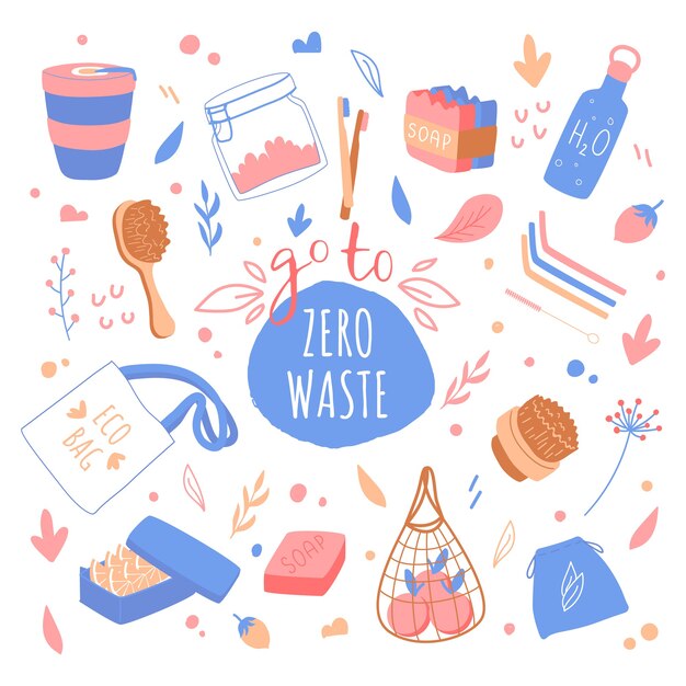 Koncepcja zero waste. Napis z ręcznie rysowane elementy projektu. Dobra używane w gospodarstwie domowym.