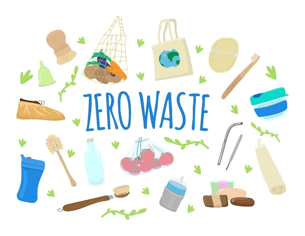 Plik wektorowy koncepcja zero waste z trwałymi i przyjaznymi dla środowiska elementami