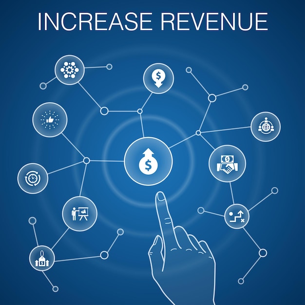 Koncepcja Zwiększenia Przychodów, Niebieskie Tło. Podnieś Ceny, Zmniejsz Wydatki, Najlepsze Praktyki, Ikony Strategii