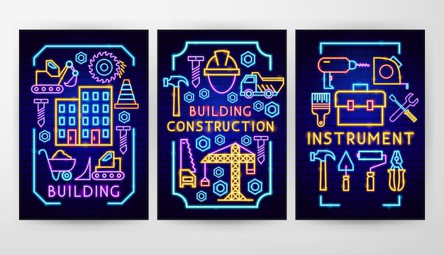 Koncepcje Budowlane Neon Flyer Ilustracja Wektorowa Promocji Budowlanej