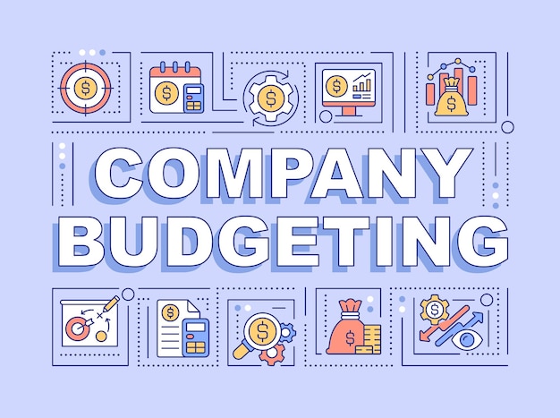 Koncepcje Słowo Budżetowania Firmy Fioletowy Transparent. Finanse Korporacyjne. Infografiki Z Liniowymi Ikonami Na Tle. Typografia Na Białym Tle. Ilustracja Wektorowa Kolor Z Tekstem. Użyta Czcionka Arial-black