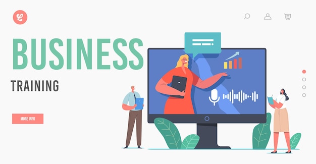 Konferencja online, szkolenie biznesowe, szablon strony docelowej seminarium. Trainer Character Wirtualna konsultacja finansowa przedstawiająca statystyki analizy danych na ekranie. Ilustracja wektorowa kreskówka ludzie