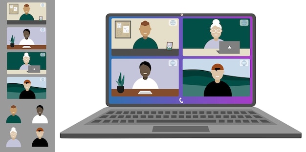 Konferencja wideo z pracy w domu Koledzy różnych narodowości i wieku rozmawiają na laptopie