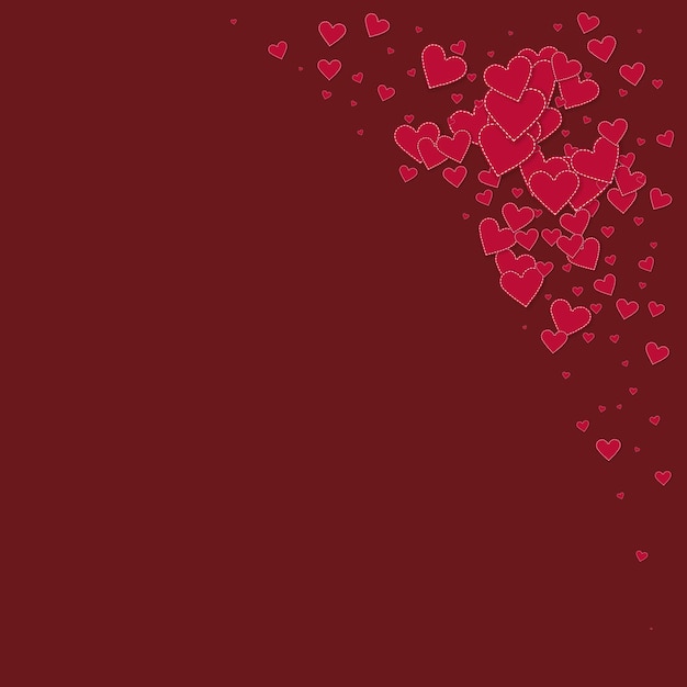 Konfetti miłości czerwone serce. Walentynki narożnik schludne tło. Spadające szyte papierowe konfetti serca na bordowym tle. Ilustracja wektorowa emocjonalne.