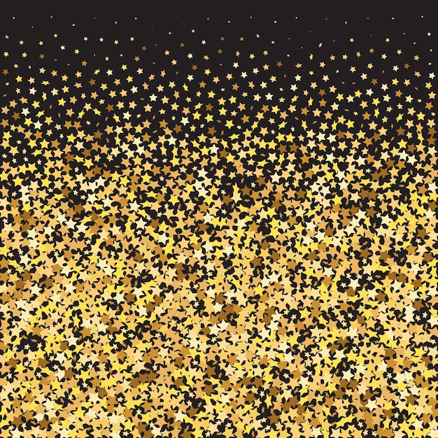 Konfetti z gwiazdkami na czarnym tle. Ramka na przyjęcie świąteczne. Szablon karty podarunkowej. Vector Gold Glitter. Upadające cząstki na podłodze. Izolowana płaska karta urodzinowa. Złote gwiazdy.