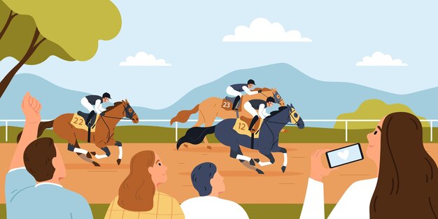 Plik wektorowy konkurencja wyścigów konnych płaskie tło z konkurentami i doping fanów znaków w ilustracji wektorowych hipodromu
