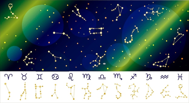 Konstelacje Horoskopu Z Symbolami Znaków Zodiaku Na Gradientowym Fioletowo-różowym Rozgwieżdżonym Niebie