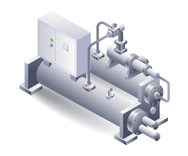 Plik wektorowy konstrukcja maszyn chłodzonych wodą płaski system izometryczny ilustracja 3d