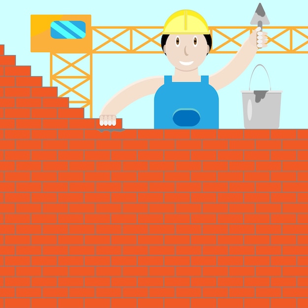 Plik wektorowy konstruktor buduje ścianę z cegły kielnia i murarz cementu pracownik i instrument murarski ilustracja wektorowa graficzna