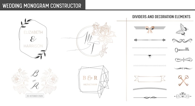 Konstruktor Monogramów ślubnych, Nowoczesna, Minimalistyczna Kolekcja Szablonów Zaproszeń, Zapisywanie Daty, Tożsamość Logo W Wektorze