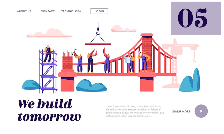 Wektor konstruktor zbuduj ceglany most za pomocą dźwigu konstrukcyjnego i lądowania młota. architekt pracownik budowy bramy. inżynier na stronie internetowej lub stronie internetowej ladder building object. ilustracja wektorowa płaski kreskówka