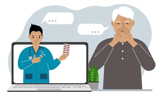 Konsultacja Online Z Lekarzem Ból Dziadek Trzyma Ręce Przy Twarzy I Komunikuje Się Z Lekarzem Przez Laptop