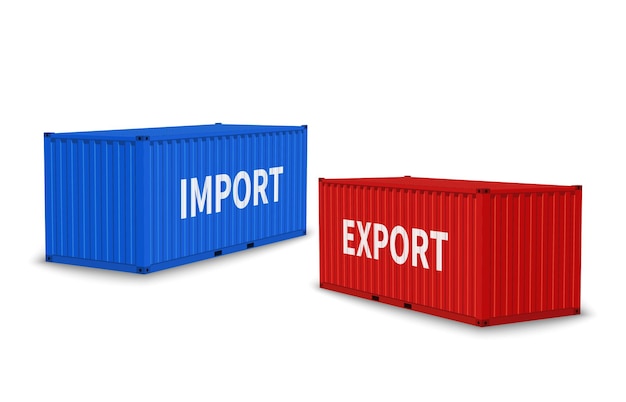 Kontenery importowe i eksportowe. Ładunek niebieski i czerwony kontener pod różnymi kątami, komercyjna przesyłka przemysłowa, logistyka transportu międzynarodowego, dostawa towarów wektor realistyczna koncepcja na białym tle 3d