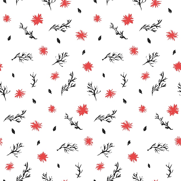Kontrastowy Czarno-czerwony Na Białym Bezszwowym Wzorze Z Ręcznie Rysowanymi Atramentowymi Kwiatami I Gałęziami