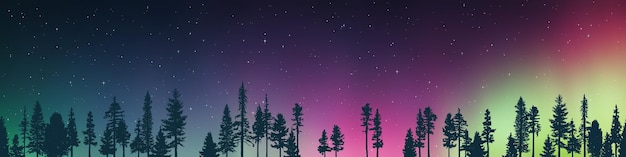 Kontur drzew na tle zimowej ilustracji zorzy północnej