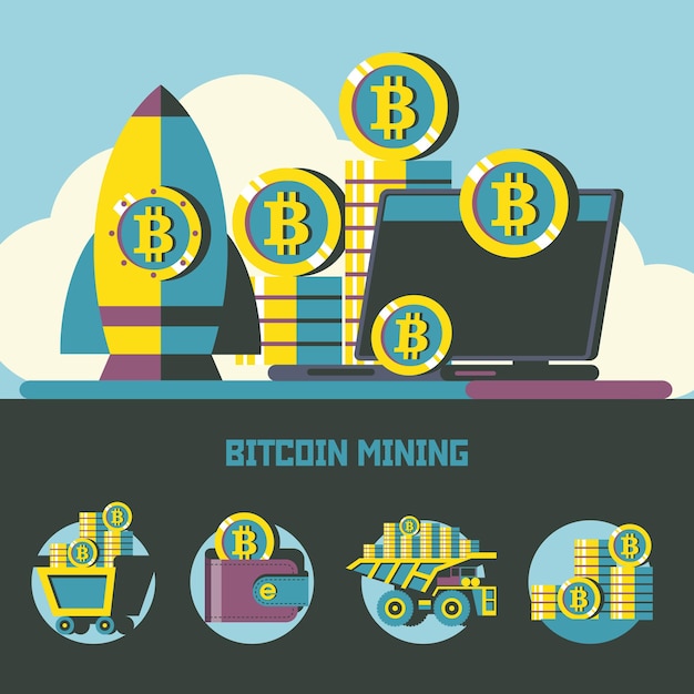Kopalnia bitcoinów. Koncepcyjna ilustracja. Ikony wydobywania bitcoinów. Clipartów wektor.