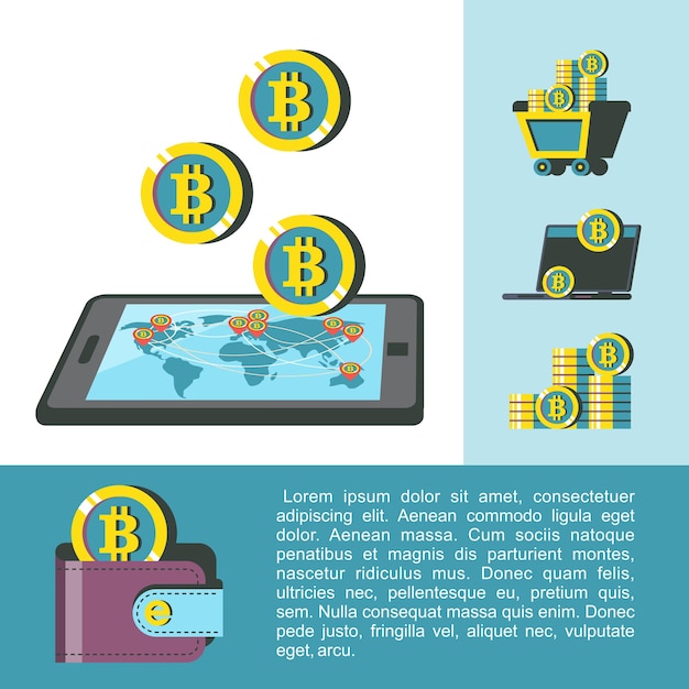 Kopalnia bitcoinów. Koncepcyjna ilustracja. Ikony wydobywania bitcoinów. Clipartów wektor.