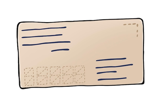 Plik wektorowy koperta pocztowa z polami do wypełnienia i umieszczenia na znaczki doodle linearna kreskówka