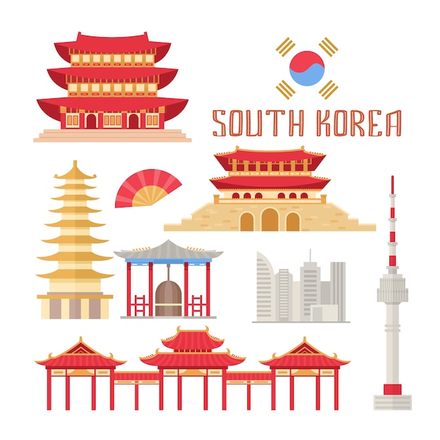 Plik wektorowy koreańskie budynki i tradycyjne atrybuty