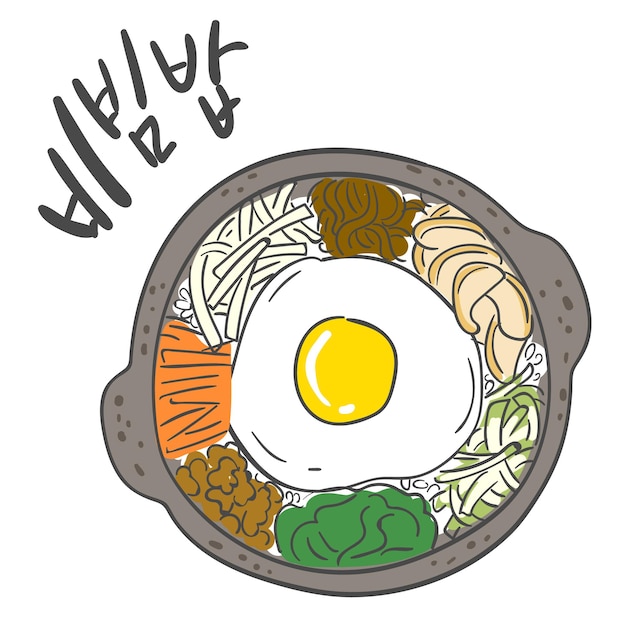 Koreańskie Jedzenie Bibimbap Ilustracja I Kaligrafia Hangul.