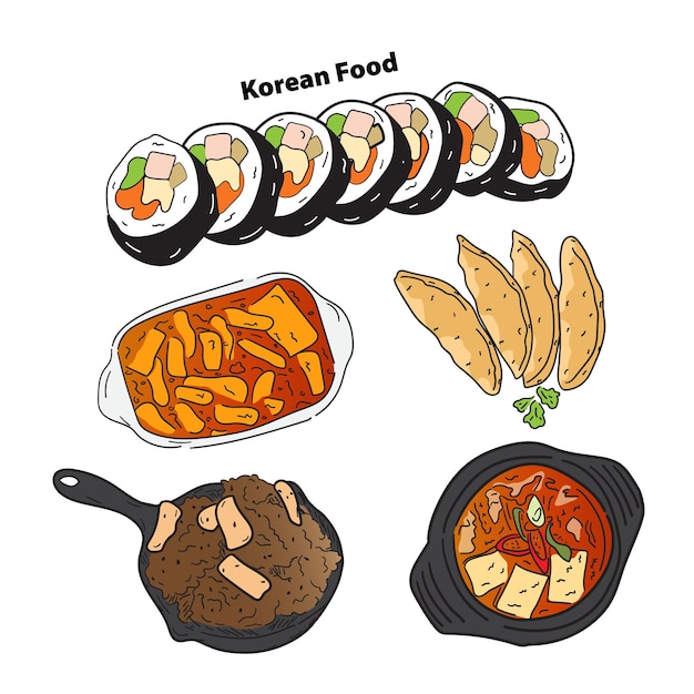 Plik wektorowy koreańskie jedzenie ilustracja kimchi zupa ryżowa kulka smażony kurczak na białym tle wektor