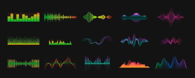Korektor Dźwięku I Dźwięku Fale Zestaw Ikon światła Neonowego świecące Znaki Sygnał Radiowy Nagrywania Głosu