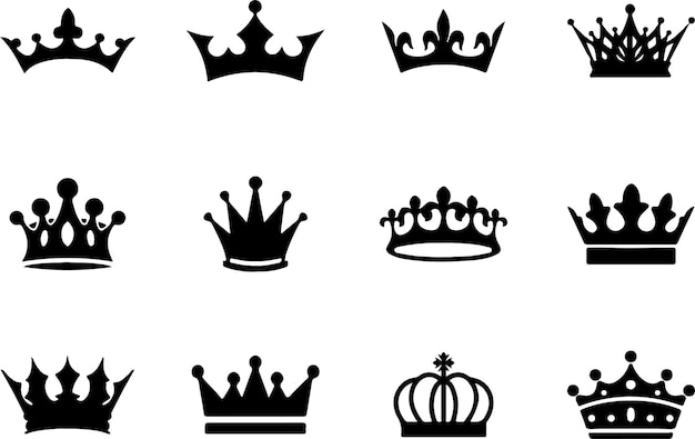 Korona rodzaju i królowej płaska odważna sylwetka ręczny rysunek zestaw ilustracji