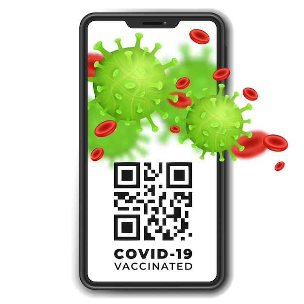 Koronawirus 2019-ncov Na Ekranie Smartfona. Sprawdzanie, Monitorowanie Kodów Qr Pod Kątem Obecności I Ważności Szczepionki Covid-19. 3d Wektor Wirusa Z Komórkami Krwi