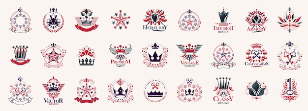 Korony I Gwiazdy Vintage Heraldyczne Emblematy Wektor Duży Zestaw, Antyczna Heraldyka Symboliczne Odznaki I Kolekcja Nagród Z Koronkami, Klasyczne Elementy Wystroju, Emblematy Rodzinne.