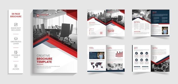 korporacyjny nowoczesny 8-stronicowy bifold wielostronicowy szablon broszury z czerwonymi i czarnymi kreatywnymi kształtami